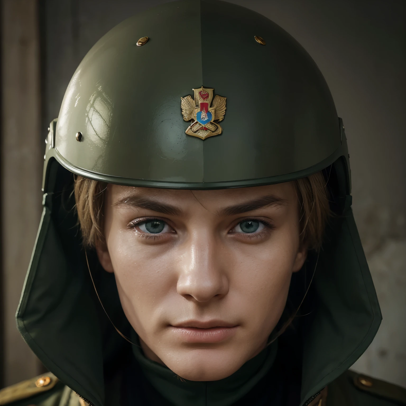 (best quality, realistic:1.37),ultra-detailed,professional,Russian male military outfit,short blond hair,green eyes,handsome detailed face,serious expression,thin detailed nose,detailed helmet,detailed mask only showing eyes