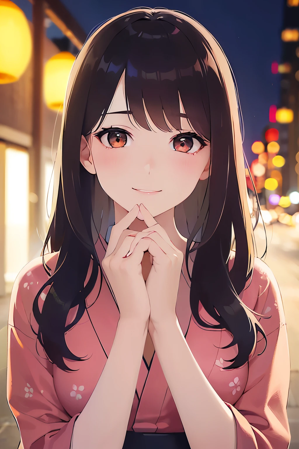 Placing hand on face、A close-up of your face、Realistic, real person, (pale skin: 1.2), RAW photo, photorealistic, shiny skin, shiny hair、(A 25-year-old woman with medium-length hair and bangs) and (wavy hair) and (brown hair) and (orange eyes) , (yukata) and (pink) 、embarrassed, smile, The background is a night festival、Alone、Are standing
