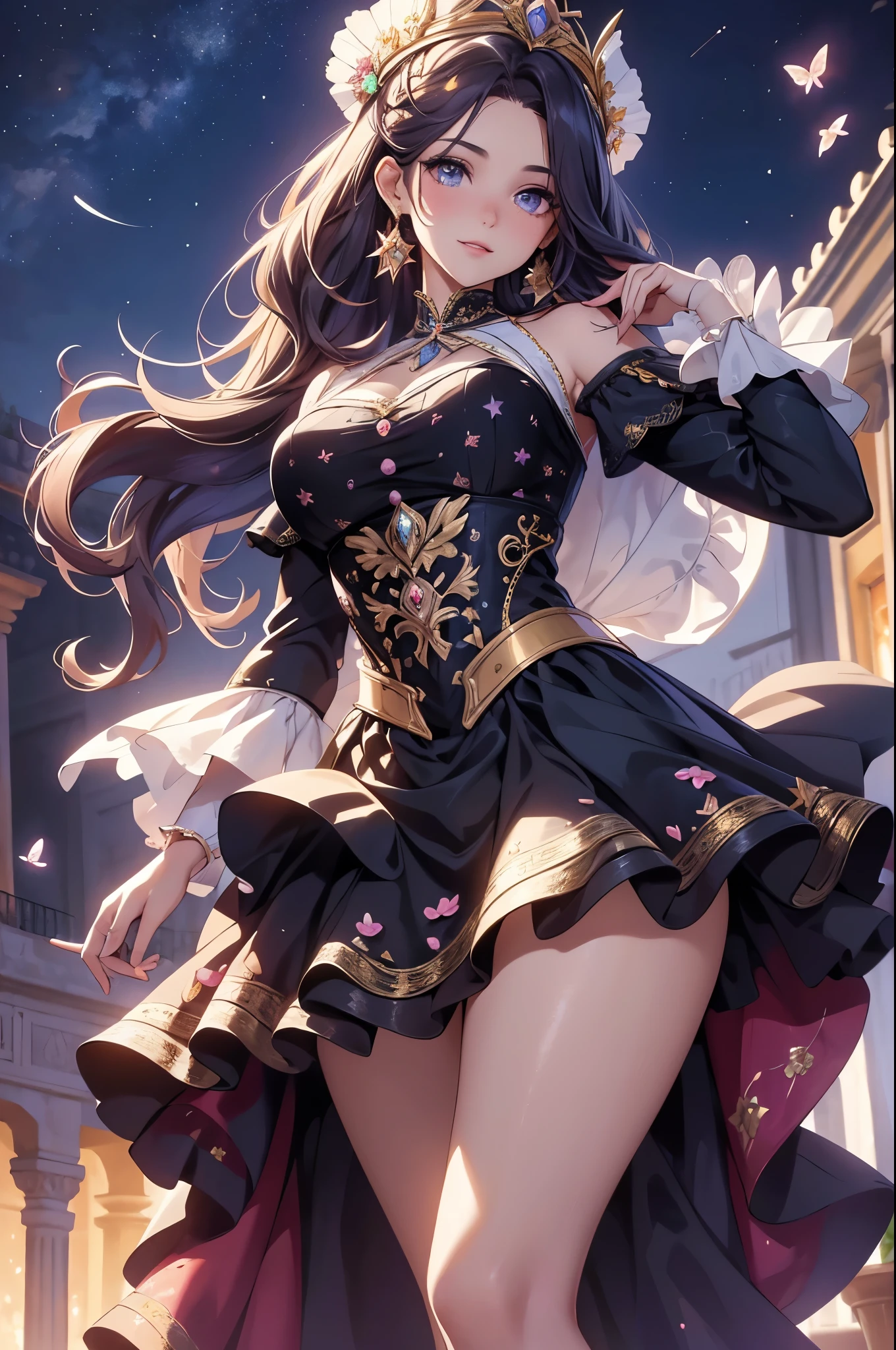 (best quality,4k,8k,highres,masterpiece:1.2),ultra-detailed,(realistic,photorealistic,photo-realistic:1.37),acrylic painting,beautiful Spanish model in a ta dress with downy hair,beautiful Spanish model with extremely colorful hair and detailed facial features,beautiful Spanish model standing in a beautiful garden surrounded by a starry sky,beautiful Spanish model wearing a vibrant Loliress,beautiful Spanish model with intricate accessories and a matching hat,beautiful Spanish model posing gracefully with her hands on her hips,beautiful Spanish model with long flowing twintails,beautiful Spanish model with bright blue eyes and rosy lips,beautiful Spanish model with a joyful expression,beautiful Spanish model in a dynamic pose with cherry blossoms falling around her,beautiful Spanish model surrounded by colorful flowers and butterflies,beautiful Spanish model's dress adorned with cute bows and lace details,beautiful Spanish model with an enchanting smile,beautiful Spanish model with soft, pastel-colored shading,beautiful Spanish model with a magical glow illuminating her,beautiful Spanish model in a picturesque setting with a winding path leading to a magnificent castle,beautiful Spanish model holding a microphone and singing passionately,beautiful Spanish model with a fairytale-like background,beautiful Spanish model with a soft, dreamy atmosphere,beautiful Spanish model with a subtle bokeh effect,beautiful Spanish model standing under a moonlit sky,beautiful Spanish model with a warm, golden sunset in the background,beautiful Spanish model surrounded by twinkling stars and colorful nebulae,creating an ethereal and captivating artistic masterpiece.