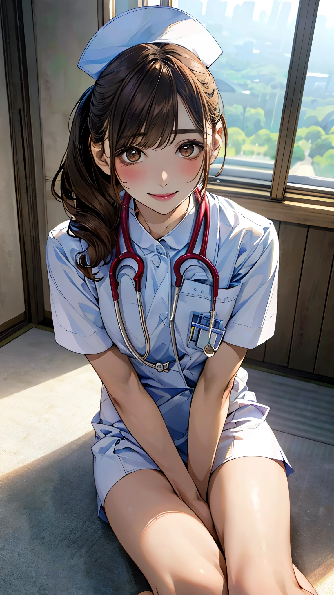 (masterpiece:1.3, top-quality, ultra high res, ultra detailed), (realistic, photorealistic:1.4), beautiful illustration, perfect lighting, natural lighting, colorful, depth of fields, surrealism, 
beautiful detailed hair, beautiful detailed face, beautiful detailed eyes, beautiful clavicle, beautiful body, beautiful chest, beautiful thigh, beautiful legs, beautiful fingers, shiny skin, 
looking at viewer, 1 girl, japanese, 19 years old, (perfect anatomy, anatomically correct, super detailed skin), cute and symmetrical face, face, perfect face, perfect eyes, perfect fingers,
(middle hair:1.2, updo hairstyle:1.2, long sidelocks, brown hair), asymmetrical bangs, grey eyes, long eyelashes, (medium breasts, seductive thighs), slender, outstanding style, 
(detailed cloth texture, nurse uniform, nurse cap, nameplate, stethoscope, karte), 
(beautiful scenery), (hospital ward), (gentle, caring, lovely smile), 
