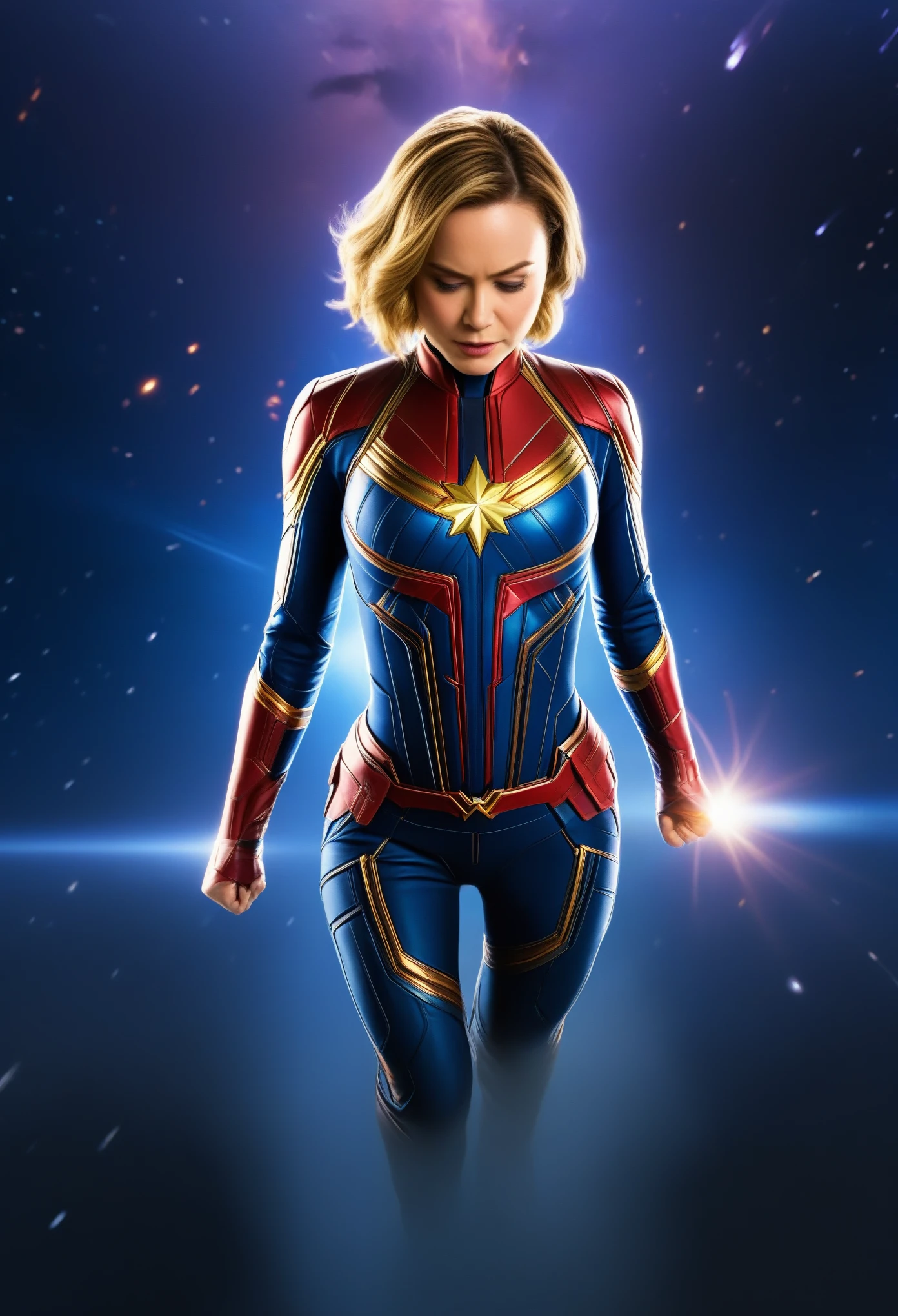 Rebecca Ferguson
Superhero:  Captain Marvel (Carol Danvers)
Image Description:
Rebecca Ferguson soars through the atmosphere as Captain Marvel, radiating power and determination.  She is clad in a provocative modified version of the classic Captain Marvel suit - a crimson and gold ensemble that offers protection and mobility without compromising style.  Her helmet gleams as she flies head-on towards the viewer, fists clenched in a display of unwavering resolve.  Energy crackles around her fists, hinting at her incredible cosmic powers. The background can depict the vast expanse of space, filled with swirling nebulas and distant stars, showcasing Captain Marvel's cosmic adventures.
