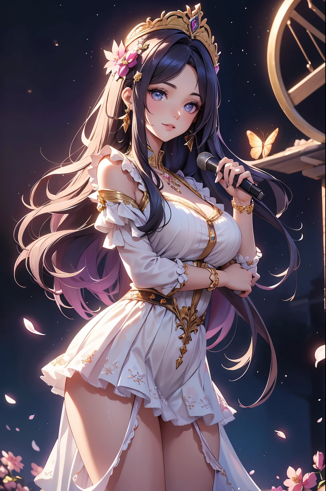 (best quality,4k,8k,highres,masterpiece:1.2),ultra-detailed,(realistic,photorealistic,photo-realistic:1.37),acrylic painting,beautiful Spanish model in a Lolita dress with downy hair,beautiful Spanish model with extremely colorful hair and detailed facial features,beautiful Spanish model standing in a beautiful garden surrounded by a starry sky,beautiful Spanish model wearing a vibrant Lolita dress,beautiful Spanish model with intricate accessories and a matching hat,beautiful Spanish model posing gracefully with her hands on her hips,beautiful Spanish model with long flowing twintails,beautiful Spanish model with bright blue eyes and rosy lips,beautiful Spanish model with a joyful expression,beautiful Spanish model in a dynamic pose with cherry blossoms falling around her,beautiful Spanish model surrounded by colorful flowers and butterflies,beautiful Spanish model's dress adorned with cute bows and lace details,beautiful Spanish model with an enchanting smile,beautiful Spanish model with soft, pastel-colored shading,beautiful Spanish model with a magical glow illuminating her,beautiful Spanish model in a picturesque setting with a winding path leading to a magnificent castle,beautiful Spanish model holding a microphone and singing passionately,beautiful Spanish model with a fairytale-like background,beautiful Spanish model with a soft, dreamy atmosphere,beautiful Spanish model with a subtle bokeh effect,beautiful Spanish model standing under a moonlit sky,beautiful Spanish model with a warm, golden sunset in the background,beautiful Spanish model surrounded by twinkling stars and colorful nebulae,creating an ethereal and captivating artistic masterpiece.
