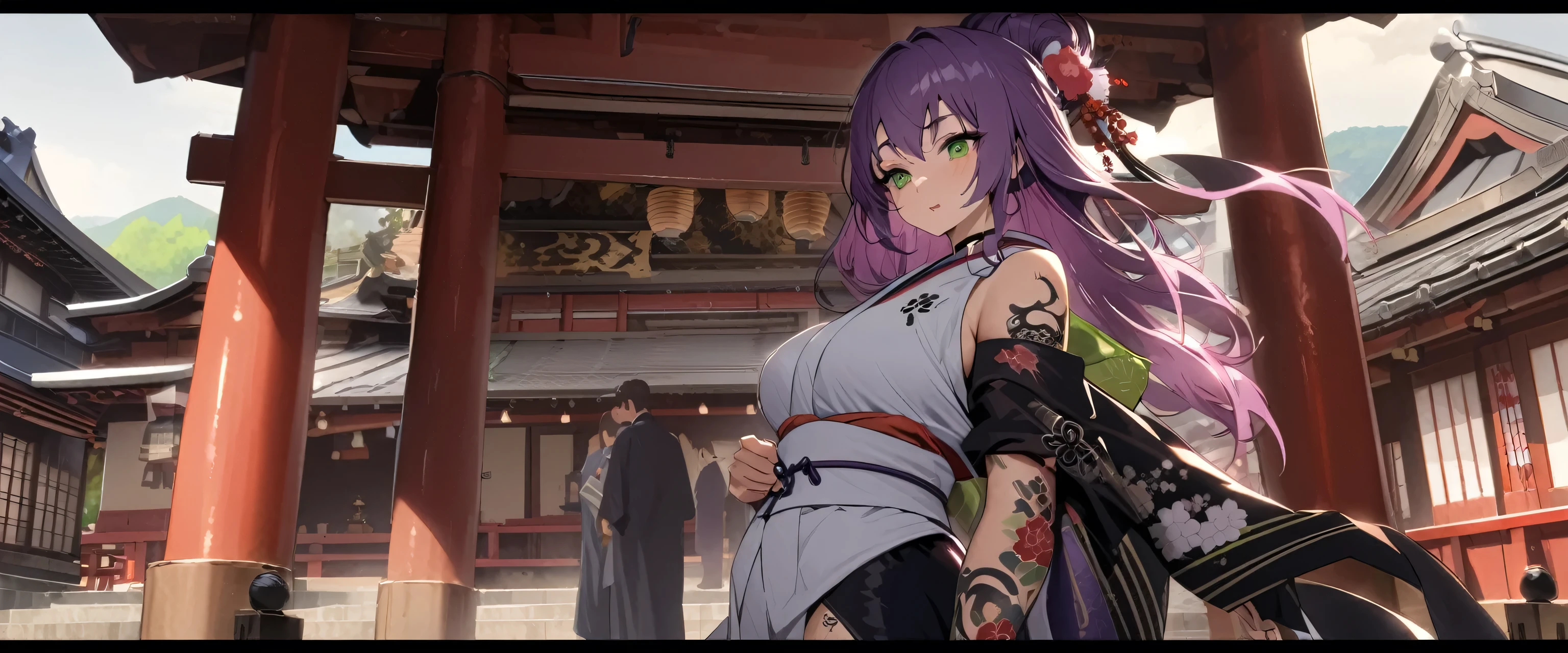 one arafed woman with purple hair and green eyes, japanese tattoo sleeve on her right arm, sfw, japanese temple