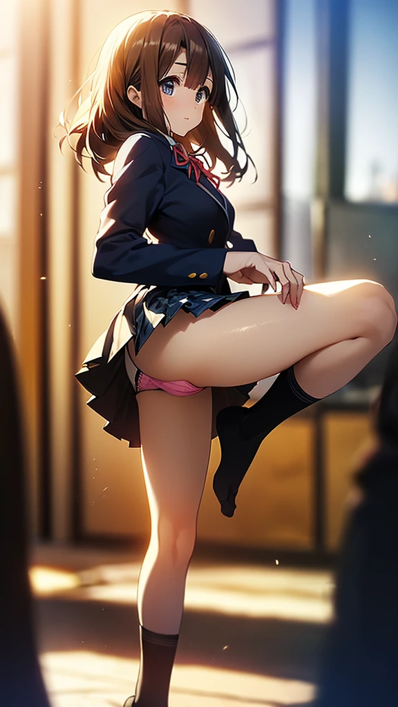 nswf,((masterpiece, highest quality, High resolution, 超High resolution, Pixel Perfect, Written boundary depth, 4K, RTTX 10.0, Human Development Report))), 1 girl, single, alone, beauty、View the whole body、 ((Long Hair, Short Liuhai, Reddish brown hair)), ((blue eyes, Beautiful eyelashes, Realistic eyes)), ((Detailed face, blush:1.2)), ((Smooth texture:0.75, Vibrant质感:0.65, Vibrant:1.1, Anime CG Style)), Medium chest, Perfect body,  smile, attractive way to sit, Brewing tea in a teapot, (The wind makes my hair flutter，Exposing shoulders、Expose your breasts、black tights) , It snows heavily at night、(((Showing panties:1.3)))、((((M字Spread your legs:1.4))))
、first class, masterpiece, High resolution, (Head to toe full body diagram), front, frontやや下からの構図, Symmetric, Tall 18 year old girl, alone, (Head to toe),  Unkempt brown hair, bangs, ((black tights)),( (Black Pantyhose)),(Luxury Green Lingerie), (Spread your legs立つ), (One-legged standing pose), (Showing panties構図), (Her legs were spread、I can see your pants.), (私は片足でSpread your legs立たされました...), ((((Spread your legs)))), Thin legs, A very beautiful and tall 18 year old girl, (No shoes), blush, Shy big eyes, looking at the camera, (((Blazer uniform, Checkered Pleated Skirt)))、Please stand up for me、((Vulgarity)), Place your hands between your legs,Knee-length socks、Lighted up from the front