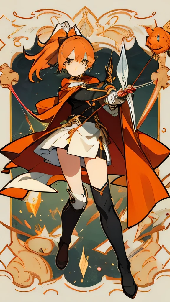 Victorian style, British background, full body picture, figure, Standing image,Full body picture,Figure setting diagram,Three views of charactermorpg,Apricot hair,High Ponytail,Holding a bow and arrow,Archer,1 girl,Imperial sister body type,Carrying a bow and arrow bag on the back,Western Fantasy Adventure,Western Fantasy Archer,Bow pulling pose,Side splits,Thigh-high boots that go above the knee,Orange cowboy-like cape with a hood and a bit of shattered feel,Arm Guard,travelling poet。