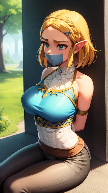 Zelda, natural lighting, masterpiece, highly detailed, illustration, game CG, absurdres, high quality, aichan, large breasts, beautiful detailed eyes, short, (tape gag), (tape bound), (arms bound), (legs bound:1.2), eyes wide, shocked, surprised, collarbone, sitting, (knees bent), Zelda has a huge ass, Zelda is bikini, Zelda has huge tits