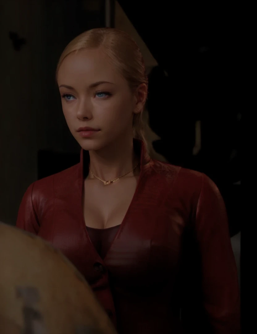 T3RMKL0K, blue eyed, medium to large breast size, perked cleavage, cleavage, red outfit, gold necklace