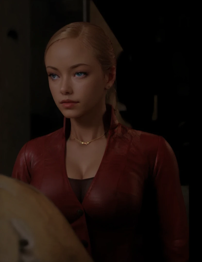 T3RMKL0K, blue eyed, medium to large breast size, perked cleavage, cleavage, red outfit, gold necklace