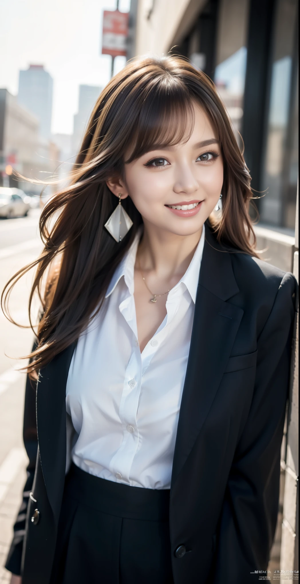 (masterpiece, highest quality, Realistic, Very detailed, In detail, High resolution, 8k wallpaper), Close up portrait of beautiful woman, Standing in the city, Earrings, necklace, Laughing happily, Light brown messy long hair, Wearing a black business suit, White collared shirt, I unbuttoned my shirt up to my chest, Sharp Focus, Large Breasts, Perfect dynamic composition, Beautiful fine details, Detailed Hair, Detailed and realistic skin texture, Fashion magazine cover, Professional photography, ,xx mix_girl