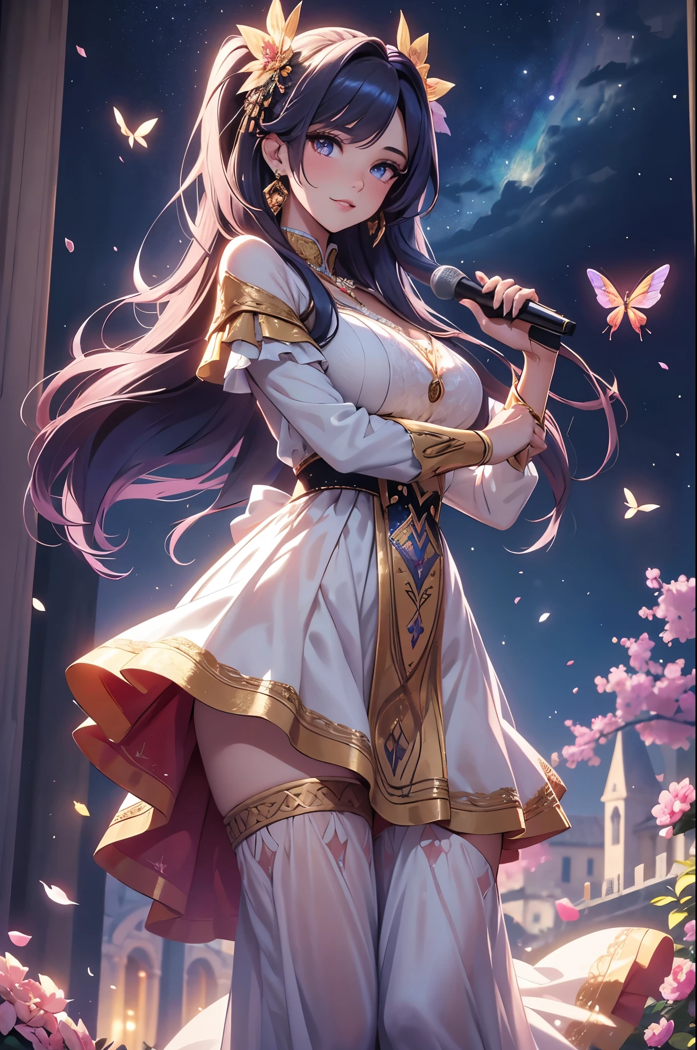 (best quality,4k,8k,highres,masterpiece:1.2),ultra-detailed,(realistic,photorealistic,photo-realistic:1.37),acrylic painting,beautiful Spanish model in a Lolita dress with downy hair,beautiful Spanish model with extremely colorful hair and detailed facial features,beautiful Spanish model standing in a beautiful garden surrounded by a starry sky,beautiful Spanish model wearing a vibrant Lolita dress,beautiful Spanish model with intricate accessories and a matching hat,beautiful Spanish model posing gracefully with her hands on her hips,beautiful Spanish model with long flowing twintails,beautiful Spanish model with bright blue eyes and rosy lips,beautiful Spanish model with a joyful expression,beautiful Spanish model in a dynamic pose with cherry blossoms falling around her,beautiful Spanish model surrounded by colorful flowers and butterflies,beautiful Spanish model's dress adorned with cute bows and lace details,beautiful Spanish model with an enchanting smile,beautiful Spanish model with soft, pastel-colored shading,beautiful Spanish model with a magical glow illuminating her,beautiful Spanish model in a picturesque setting with a winding path leading to a magnificent castle,beautiful Spanish model holding a microphone and singing passionately,beautiful Spanish model with a fairytale-like background,beautiful Spanish model with a soft, dreamy atmosphere,beautiful Spanish model with a subtle bokeh effect,beautiful Spanish model standing under a moonlit sky,beautiful Spanish model with a warm, golden sunset in the background,beautiful Spanish model surrounded by twinkling stars and colorful nebulae,creating an ethereal and captivating artistic masterpiece. 