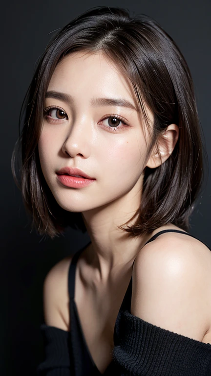 (((Close-up of face)))、(((Absolutely shoulder-length brown straight short bob)))、(((She is posing like a hair salon model, with a black wall indoors as the background.)))、(((Casual black winter long sleeves with shoulders covered)))、Half Japanese, half Korean、18 year old girl、Standing Alone、Looking forward、Light eye makeup、Brown Hair Color、Flat and 、Hair blowing in the wind、Actress Quality、Glossy, ultra-realistic face、Smiling face、Watery eyes、Gazing Up、Subtle lighting effects、 Ultra-Realistic Capture、Very detailed、High resolution 16K close up of human skin。Skin texture must be natural、The details must be such that pores can be clearly seen、The skin is healthy、Uniform tone、Use natural light and colors、A worn-out, high-quality photo taken by a model agency&#39;s in-house photographer.、smile、(((SIGMA 300 mm F/1.4,1/1000 sec shutter,ISO 400))) 