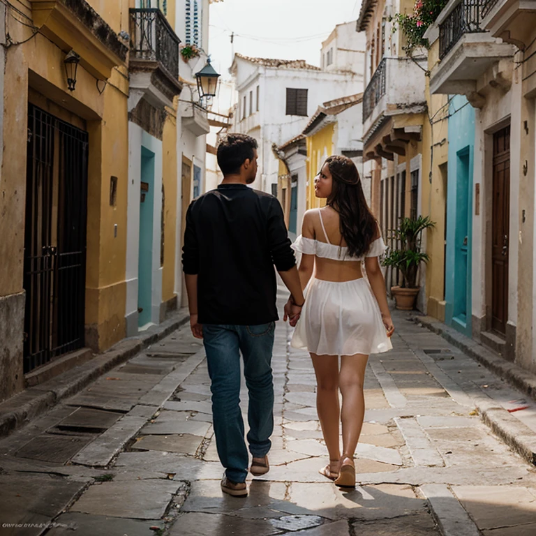 Create an image that represents the ephemeral love in a couple and has the streets of Cartagena as a background 