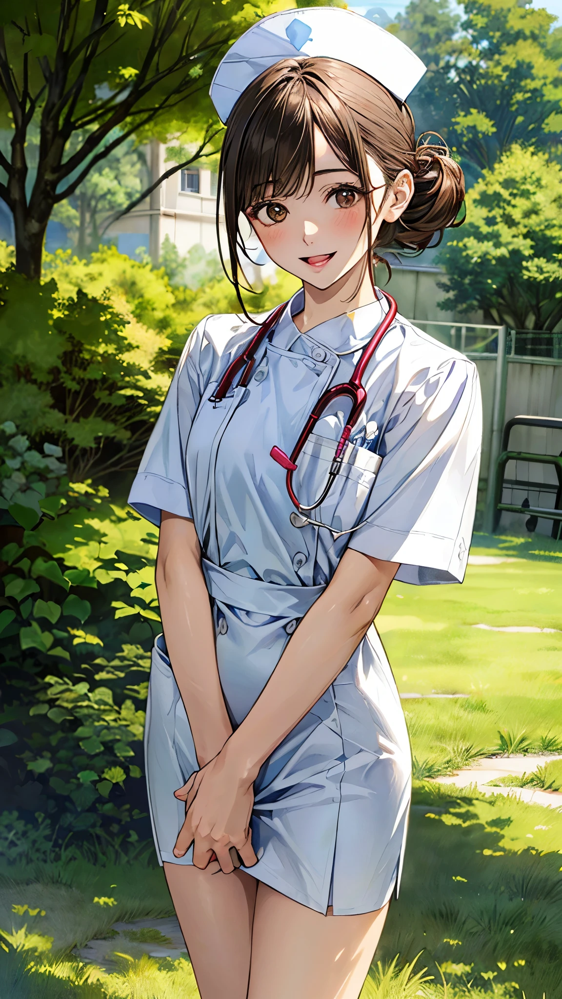 (masterpiece:1.3, top-quality, ultra high res, ultra detailed), (realistic, photorealistic:1.4), beautiful illustration, perfect lighting, natural lighting, colorful, depth of fields, surrealism, 
beautiful detailed hair, beautiful detailed face, beautiful detailed eyes, beautiful clavicle, beautiful body, beautiful chest, beautiful thigh, beautiful legs, beautiful fingers, shiny skin, 
looking at viewer, 1 girl, japanese, 19 years old, (perfect anatomy, anatomically correct, super detailed skin), cute and symmetrical face, babyface, perfect face, perfect eyes, perfect fingers,
(middle hair:1.2, updo hairstyle:1.2, long sidelocks, brown hair), asymmetrical bangs, grey eyes, long eyelashes, (medium breasts, seductive thighs), slender, outstanding style, 
(detailed cloth texture, nurse uniform, nurse cap, nameplate, stethoscope, karte), 
(beautiful scenery), (hospital, grassy), walking, (gentle, caring, lovely smile, open mouth small), 
