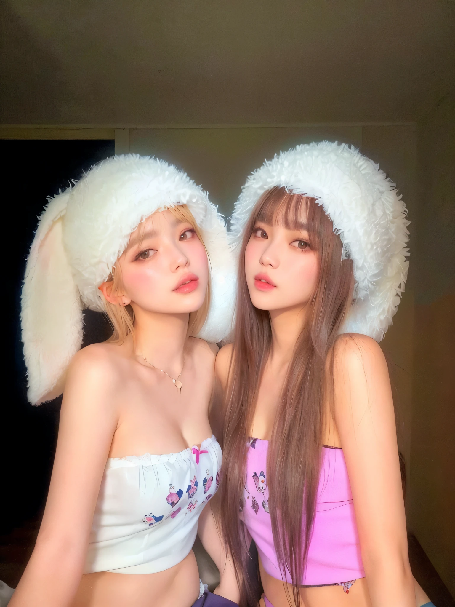 Dos mujeres con sombreros blancos y blusas rosas posando para una foto., Lalisa Manobal, con orejas de conejo, ulzzang, nixeu y sakimichan, yoshitomo nara and aya takano, Lalisa Manoban de Blackpink, flequillo esponjoso, with long, floppy rabbit ears, con grandes orejas de conejo, lindos sombreros, foto de perfil, flequillo blanco