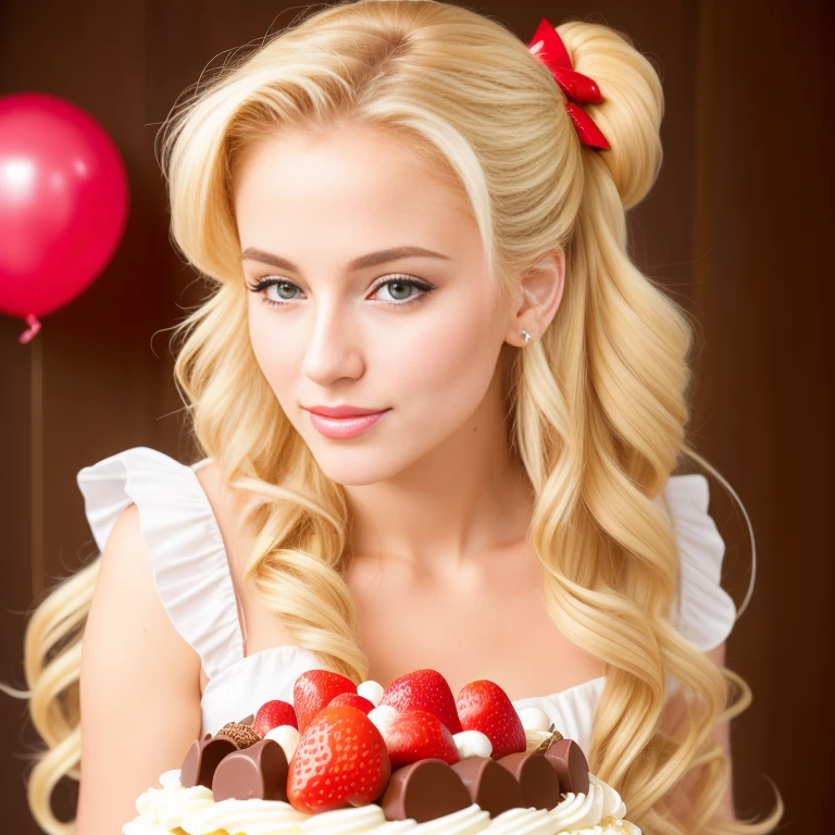 (best quality,4k,8k,high res,masterpiece:1.2),ultra-detailed, photorealistic, flaxen blonde hair,long hair, Mature and beautiful, realistic portrayal:1.2 Sailor Moon eating chocolate strawberries chip cake