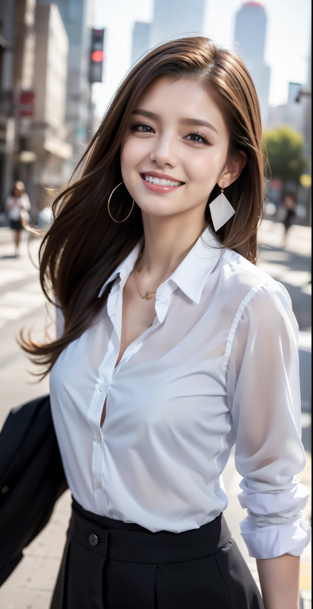 (masterpiece, highest quality, Realistic, Very detailed, In detail, High resolution, 8k wallpaper), Close up portrait of beautiful woman, Standing in the city, Earrings, necklace, Laughing happily, Light brown messy long hair, Wearing a black business suit, White collared see-through shirt, Wearing clothes directly on the skin without underwear，Blouse unbuttoned down to the chest，See-through breasts，Sharp Focus, Large Breasts, Perfect dynamic composition, Beautiful fine details, Detailed Hair, Detailed and realistic skin texture, Fashion magazine cover, Professional photography, ,xx mix_girl