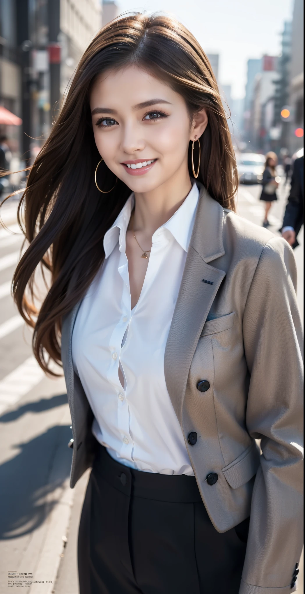 (masterpiece, highest quality, Realistic, Very detailed, In detail, High resolution, 8k wallpaper), Close up portrait of beautiful woman, Standing in the city, Earrings, necklace, Laughing happily, Light brown messy long hair, Wearing a black business suit, White collared see-through shirt, Unbuttoned up to the chest, Sharp Focus, Large Breasts, Perfect dynamic composition, Beautiful fine details, Detailed Hair, Detailed and realistic skin texture, Fashion magazine cover, Professional photography, ,xx mix_girl