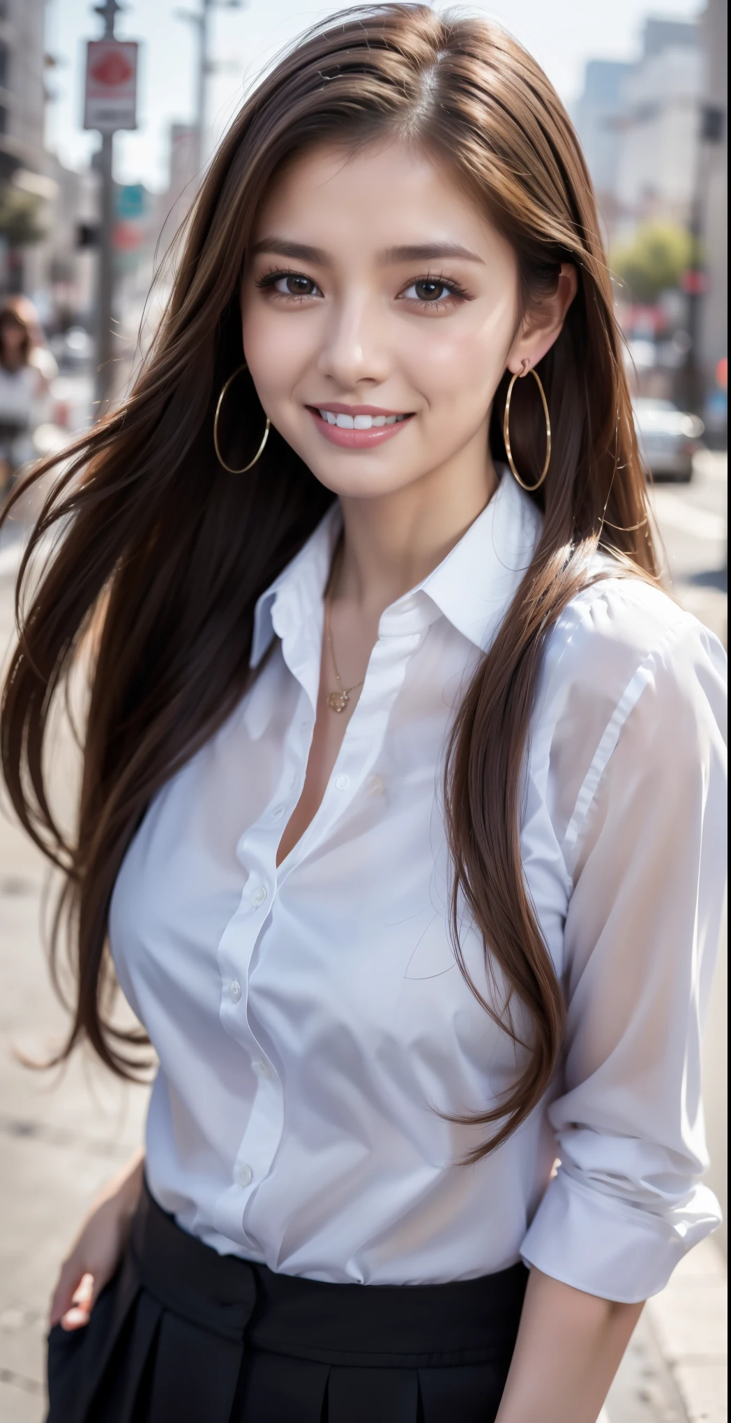 (masterpiece, highest quality, Realistic, Very detailed, In detail, High resolution, 8k wallpaper), Close up portrait of beautiful woman, Standing in the city, Earrings, necklace, Laughing happily, Light brown messy long hair, Wearing a black business suit, White collared see-through shirt, Unbuttoned up to the chest, Sharp Focus, Large Breasts, Perfect dynamic composition, Beautiful fine details, Detailed Hair, Detailed and realistic skin texture, Fashion magazine cover, Professional photography, ,xx mix_girl