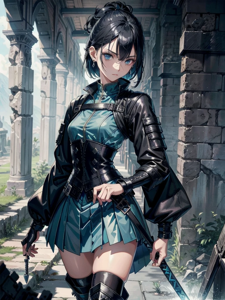 long blue great sword, Ruins, tech boots, black jacket, samurai, absurdres, RAW photo, extremely delicate and beautiful, masterpiece, Best Quality, ultra high resolution, 32k, hyperrealistic, ultra-detailed, tearful mole, earring, short medium hair, wavy hair, whole body,
