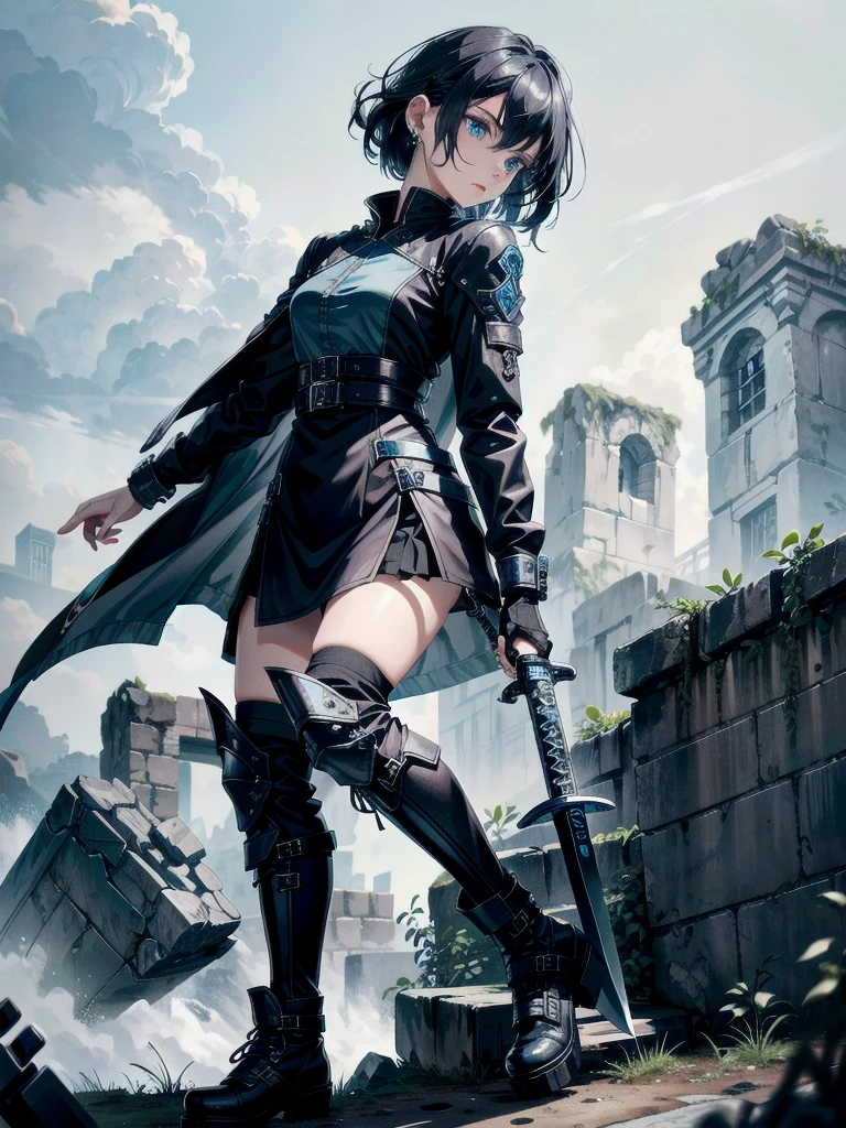 long blue great sword, Ruins, tech boots, black jacket, samurai, absurdres, RAW photo, extremely delicate and beautiful, masterpiece, Best Quality, ultra high resolution, 32k, hyperrealistic, ultra-detailed, tearful mole, earring, short medium hair, wavy hair, whole body,
