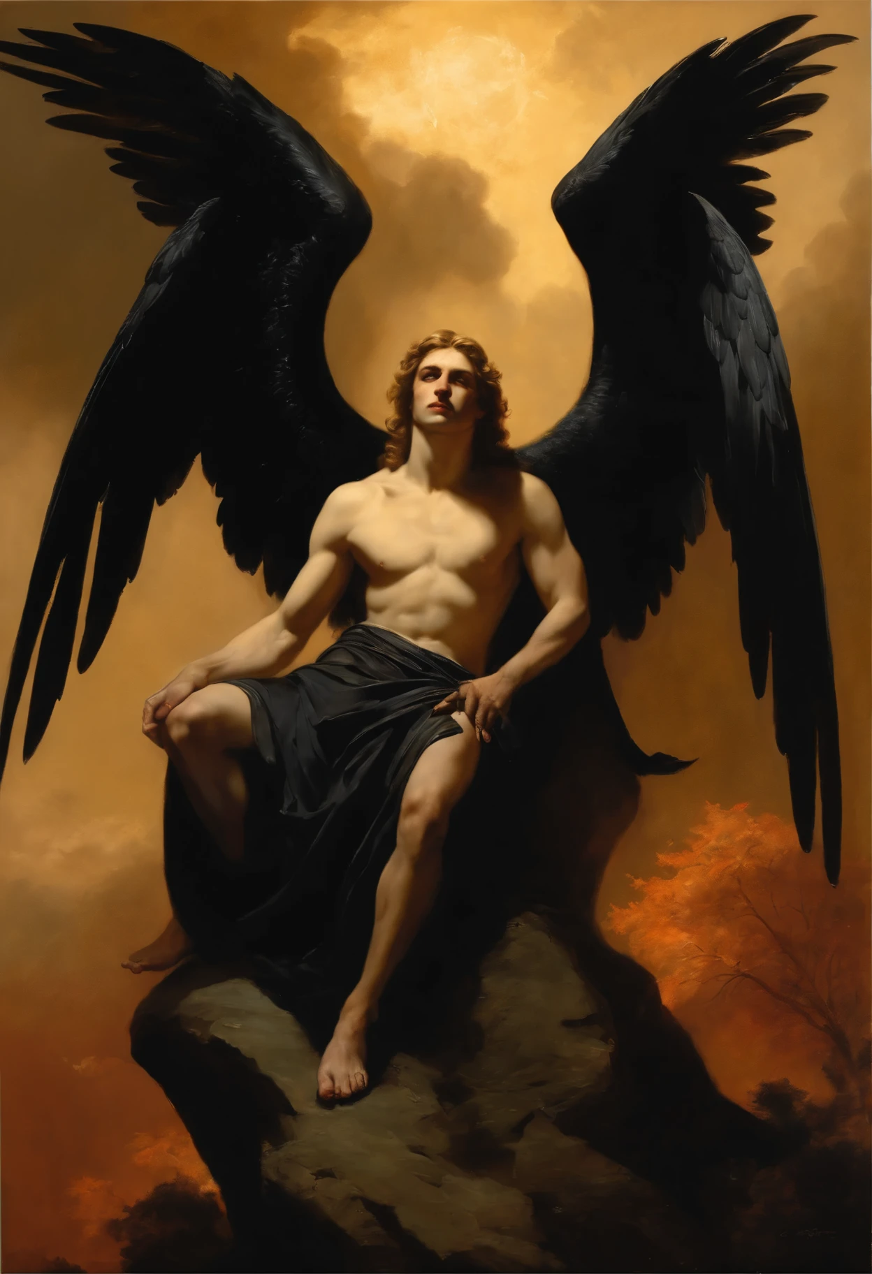 painting of a male angel sitting on a rock with a black bird, Oil canvas of Lucifer, Portrait of the Angel of Death, autumn angel, luis ricardo falero, angel looking at demon, dark angel, Angel in Hell, thanatos, Daniel, inspirado por Carl Heinrich Bloch, Angel with black wings, Nefilim, lucifer, por Roberto Ferri