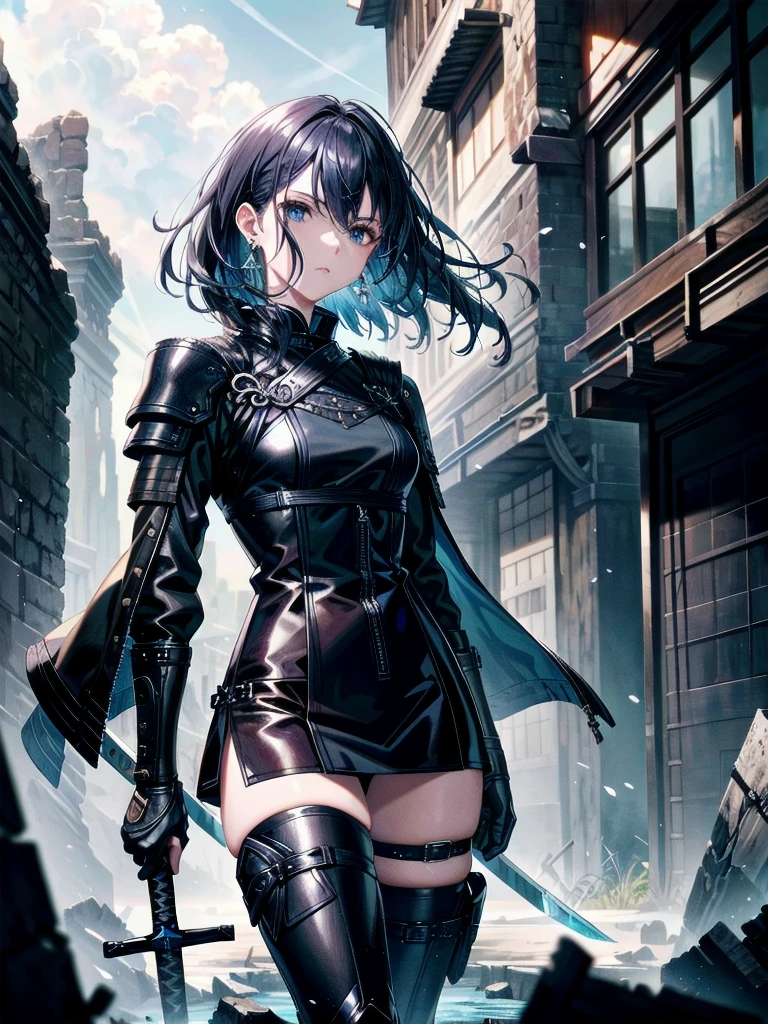 long blue great sword, Ruins, tech boots, black jacket, samurai, absurdres, RAW photo, extremely delicate and beautiful, masterpiece, Best Quality, ultra high resolution, 32k, hyperrealistic, ultra-detailed, tearful mole, earring, short medium hair, wavy hair, whole body,