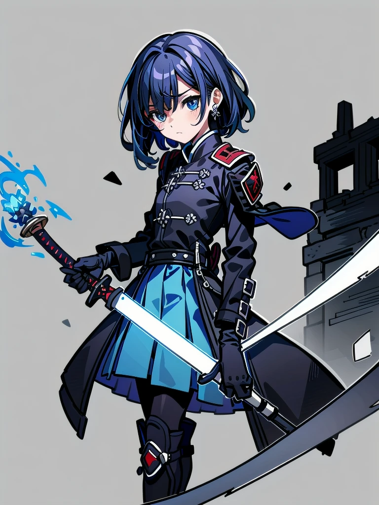 long blue great sword, Ruins, tech boots, black jacket, samurai, absurdres, RAW photo, extremely delicate and beautiful, masterpiece, Best Quality, ultra high resolution, 32k, hyperrealistic, ultra-detailed, tearful mole, earring, short medium hair, wavy hair, whole body, 