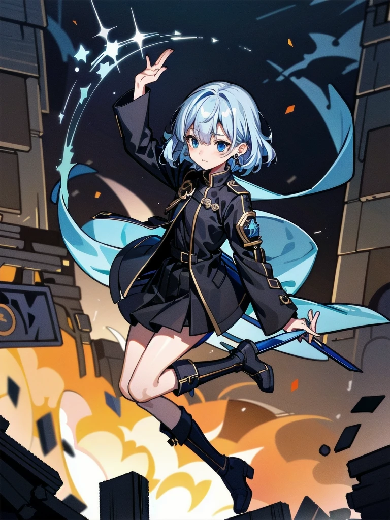 long blue great sword, Ruins, tech boots, black jacket, samurai, absurdres, RAW photo, extremely delicate and beautiful, masterpiece, Best Quality, ultra high resolution, 32k, hyperrealistic, ultra-detailed, tearful mole, earring, short medium hair, wavy hair, whole body,