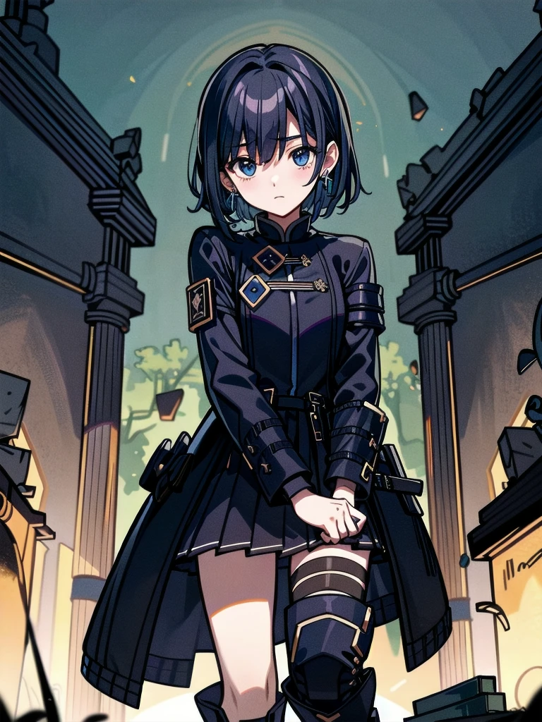 long blue great sword, Ruins, tech boots, black jacket, samurai, absurdres, RAW photo, extremely delicate and beautiful, masterpiece, Best Quality, ultra high resolution, 32k, hyperrealistic, ultra-detailed, tearful mole, earring, short medium hair, wavy hair, whole body,