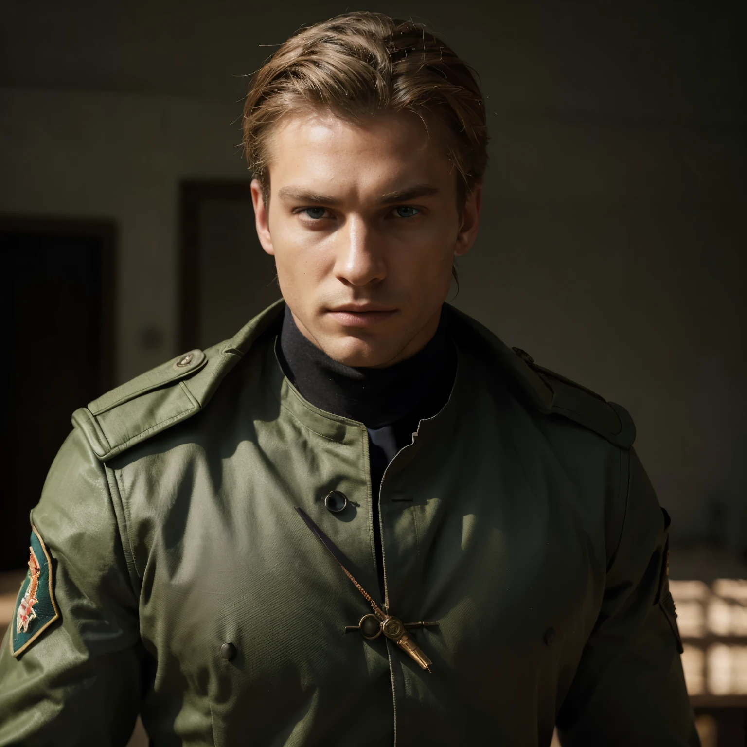 (best quality,4k,8k,highres,masterpiece:1.2),ultra-detailed,(realistic,photorealistic,photo-realistic:1.37),man,blond hair,brilliantly sculpted face,thin nose,strong jawline,grey-green eyes,intense gaze,dressed in a striking black Russian military outfit,wearing a helmet and a protective mask that shows only his eyes,the uniform is perfectly tailored, exhibiting intricate details,sharp and crisp,heavy-duty fabric that adds depth to the image,detailed insignias and medals on the uniform,showing his exceptional achievements,holding a powerful rifle with precision and expertise,eager to conquer the battlefield,background is a war-torn landscape with smoke and destruction,emphasizing his role as a warrior,lighting is dramatic with shadows and highlights,adding intensity and depth to the overall scene,colors are rich and muted,with a dominant hue of cool greens and earthy browns,creating a sense of grit and realism.