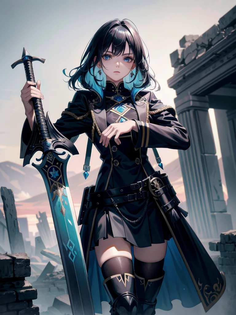 long blue great sword, Ruins, tech boots, black jacket, samurai, absurdres, RAW photo, extremely delicate and beautiful, masterpiece, Best Quality, ultra high resolution, 32k, hyperrealistic, ultra-detailed, tearful mole, earring, short medium hair, wavy hair, whole body,