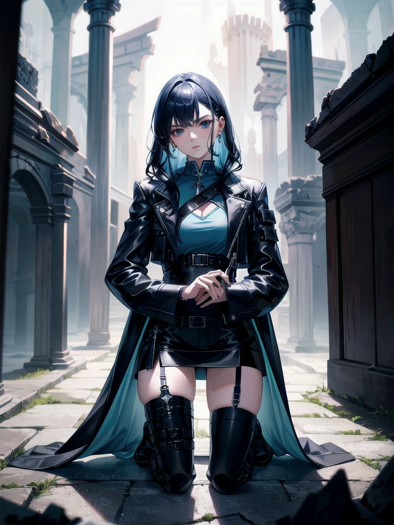 long blue great sword, Ruins, tech boots, black jacket, samurai, absurdres, RAW photo, extremely delicate and beautiful, masterpiece, Best Quality, ultra high resolution, 32k, hyperrealistic, ultra-detailed, tearful mole, earring, short medium hair, wavy hair, whole body,