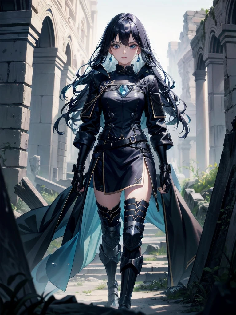 long blue great sword, Ruins, tech boots, black jacket, samurai, absurdres, RAW photo, extremely delicate and beautiful, masterpiece, Best Quality, ultra high resolution, 32k, hyperrealistic, ultra-detailed, tearful mole, earring, short medium hair, wavy hair, whole body,