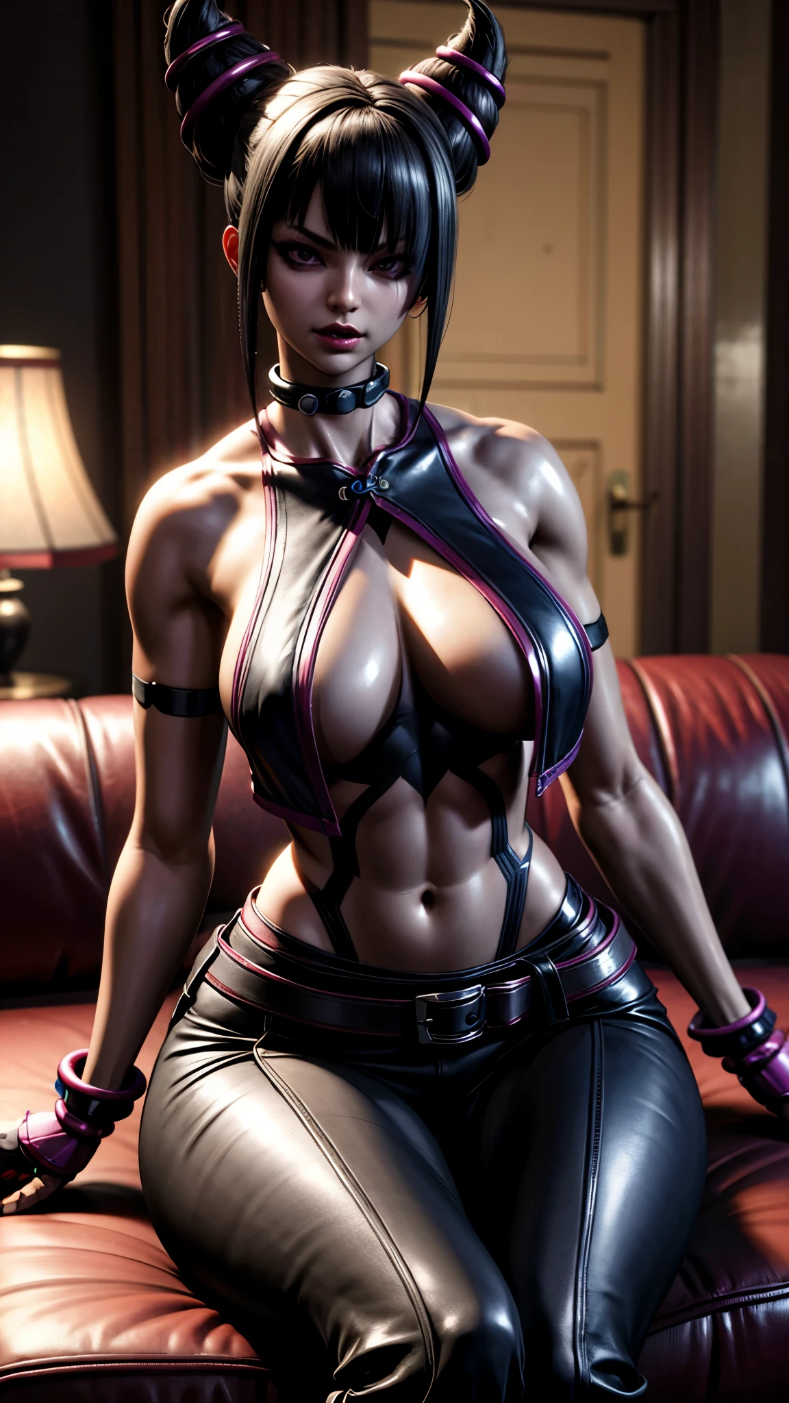 3d,8k,highres, best quality,1girl, sfjuri, looking at viewer, sitting on sofa, room light, simple background, large breasts, thick thighs, curvy hips, masterpiece, Hyperrealistic details, highly detailed, extremely detailed, cinematic light, 
