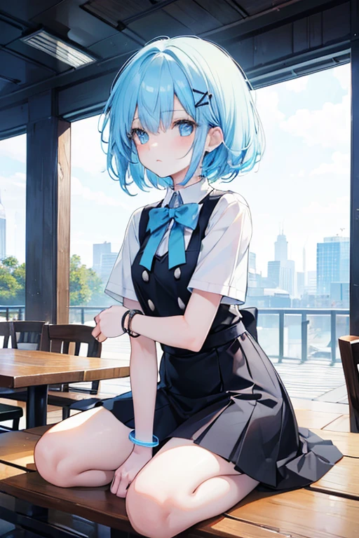 (Best quality, Masterpiece:1.3), sitting in cafe, relaxed posture, natural light, cinematic background, User Chibi-Style, vivid Copic marker anime illustration, maintains a 3:1 head-to-body ratio, 1 girl, short hair, ice blue hair, bangs, blue eyes, future uniform, white and blue with black accents, glowing bracelet, glowing hairpin, no belongings, single object, white background for removing background, full body illustration.