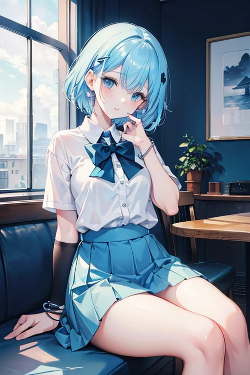 (Best quality, Masterpiece:1.3),  sitting in cafe, relaxed posture, natural light, cinematic background, User Chibi-Style, vivid Copic marker anime illustration, maintains a 3:1 head-to-body ratio, 1 girl, short hair, ice blue hair, bangs, blue eyes, future uniform, white and blue with black accents, glowing bracelet, glowing hairpin, no belongings, single object, white background for removing background, full body illustration.