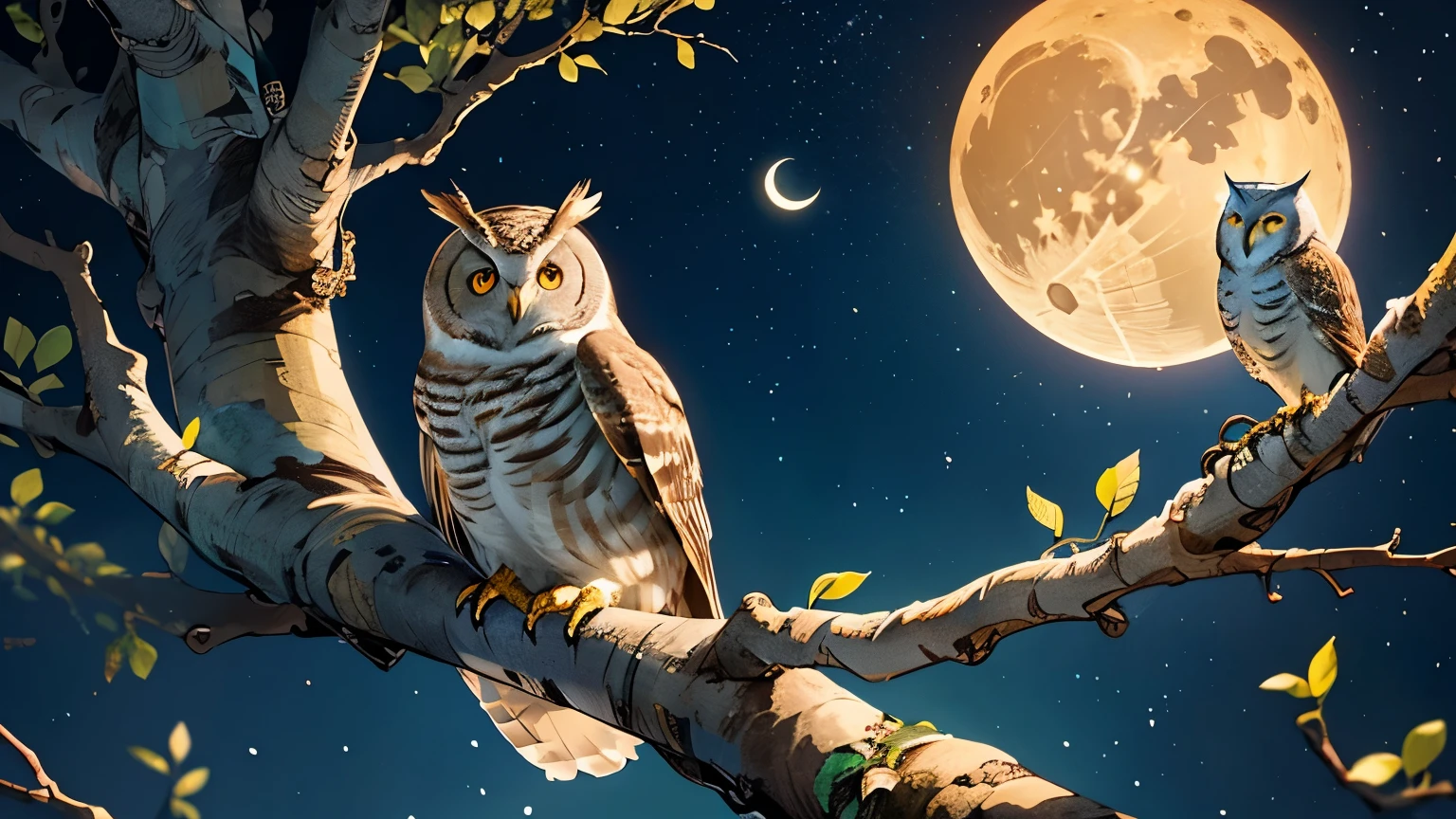 intricately drawn owl with an pattern of feathers and wise kind eyes rests on a branch of a beautiful tree with a intricately pattern of tree branches, a crescent moon and stars glow in sky, a mystical fantasy dreamy landscape 