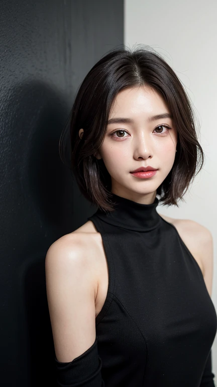 (((Close-up of face)))、(((Absolutely shoulder-length brown straight short bob)))、(((She is posing like a hair salon model, with a black wall indoors as the background.)))、(((Casual black winter long sleeves with shoulders covered)))、Half Japanese, half Korean、18 year old girl、Standing Alone、Looking forward、Light eye makeup、Brown Hair Color、Flat and 、Hair blowing in the wind、Actress Quality、Glossy, ultra-realistic face、Smiling face、Watery eyes、Gazing Up、Subtle lighting effects、 Ultra-Realistic Capture、Very detailed、High resolution 16K close up of human skin。Skin texture must be natural、The details must be such that pores can be clearly seen、The skin is healthy、Uniform tone、Use natural light and colors、A worn-out, high-quality photo taken by a model agency&#39;s in-house photographer.、smile、(((SIGMA 300 mm F/1.4,1/1000 sec shutter,ISO 400))) 