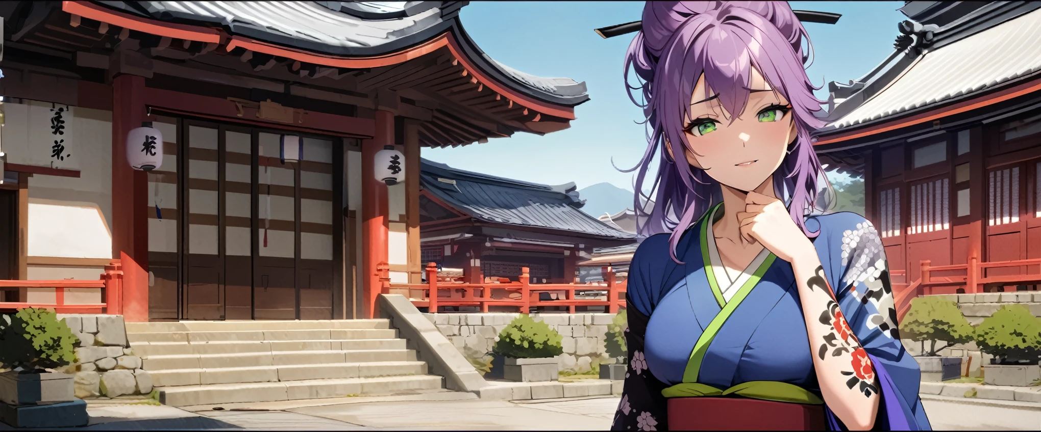 one arafed woman with purple hair and green eyes, japanese tattoo sleeve on her right arm, blue kimono, sfw, japanese temple