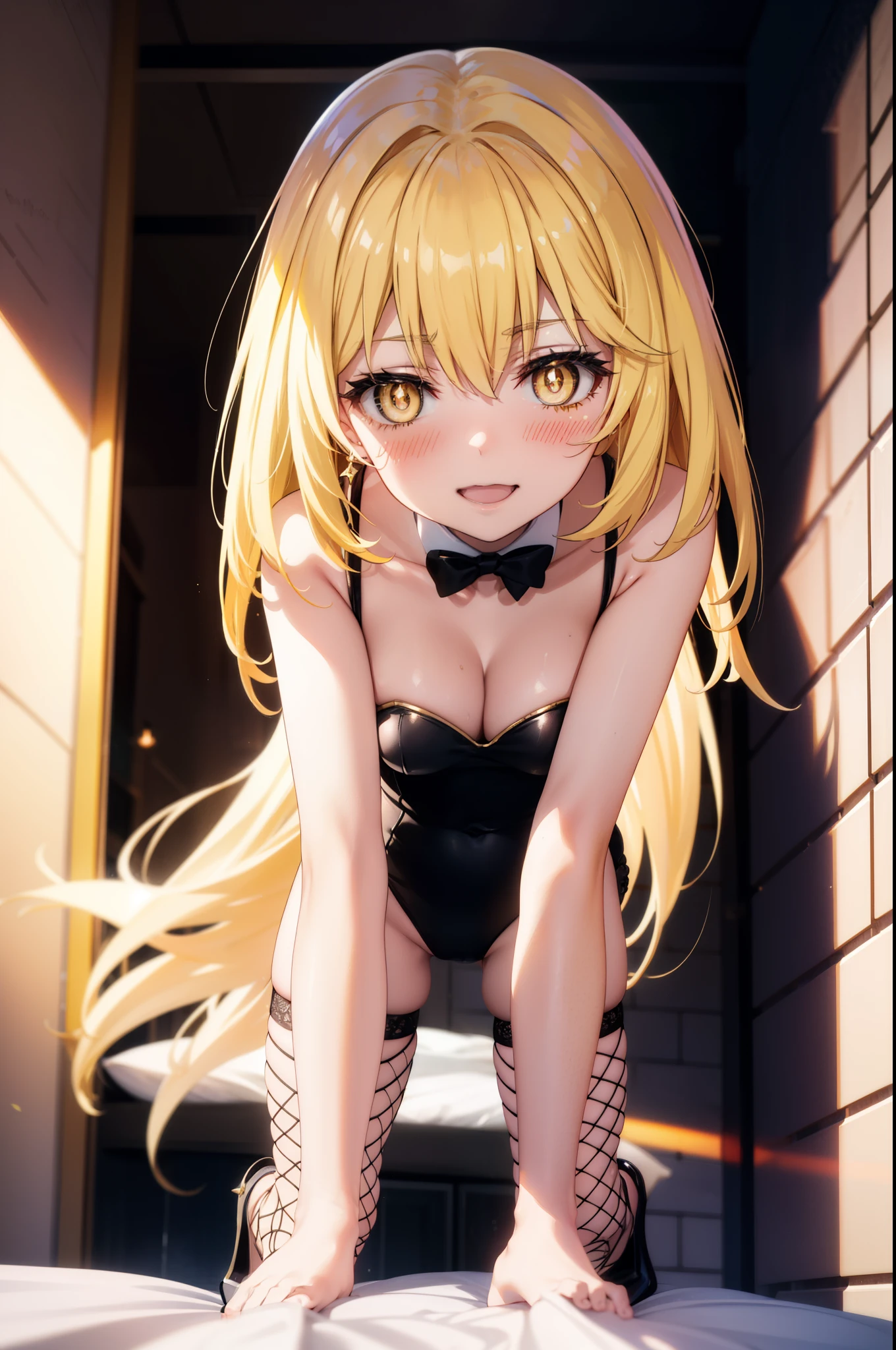 misakishokuhou, Misaki Shokuhou, Blonde, Hair between the eyes, Long Hair, (Symbol-shaped pupil:1.5), + +, (Yellow Eyes:1.5), Big Breasts, happy smile, smile, Open your mouth,smile,blush,Bunny girl:1.5),(Black Playboy Bunny:1.0),Fishnet tights,yellow stiletto heels,Sexy pose,From below, concentrated, Beyond the Particles of Light, Love hotel bedroom,On the bed,whole bodyがイラストに入るように,
break indoor, 寝室
break looking at viewer,whole body,
break (masterpiece:1.2), highest quality, High resolution, unity 8k wallpaper, (figure:0.8), (Beautiful fine details:1.6), Highly detailed face, Perfect lighting, Highly detailed CG, (Perfect hands, Perfect Anatomy),