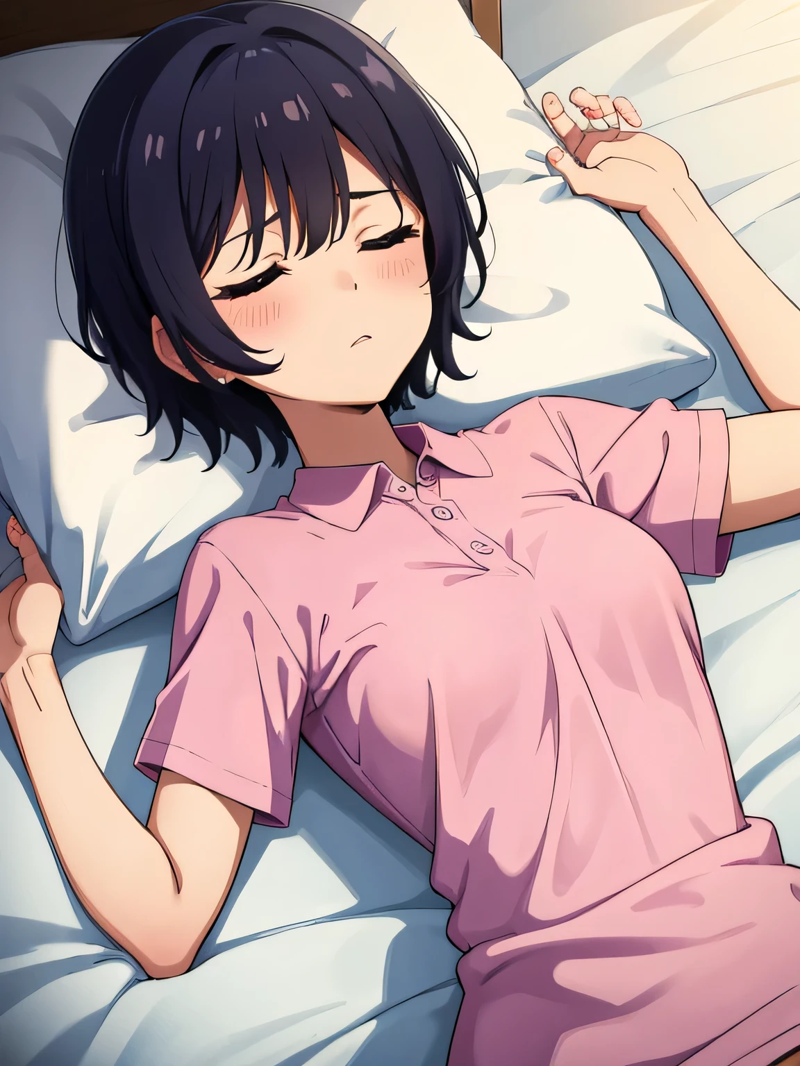 1. Beautiful girl in a pink polo shirt, short hair, Small breasts,Black Hair, No underwear, Hospital Beautiful Cute High Quality Short Sleeves Sleeping in Bed Sleep