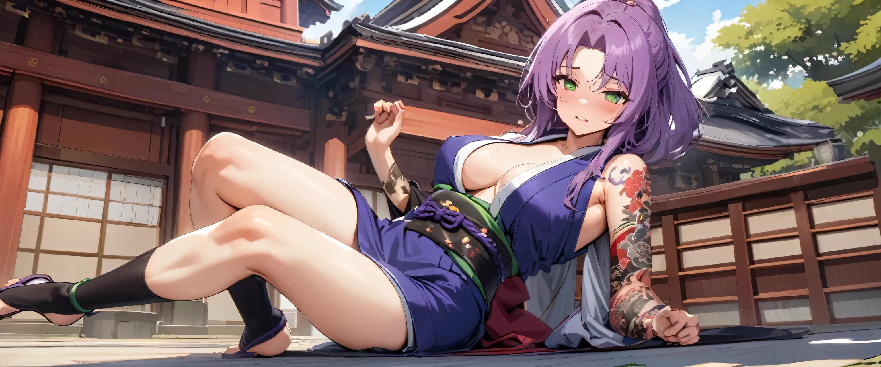 one arafed woman with purple hair and green eyes, japanese tattoo sleeve on her right arm, blue kimono, sfw, japanese temple