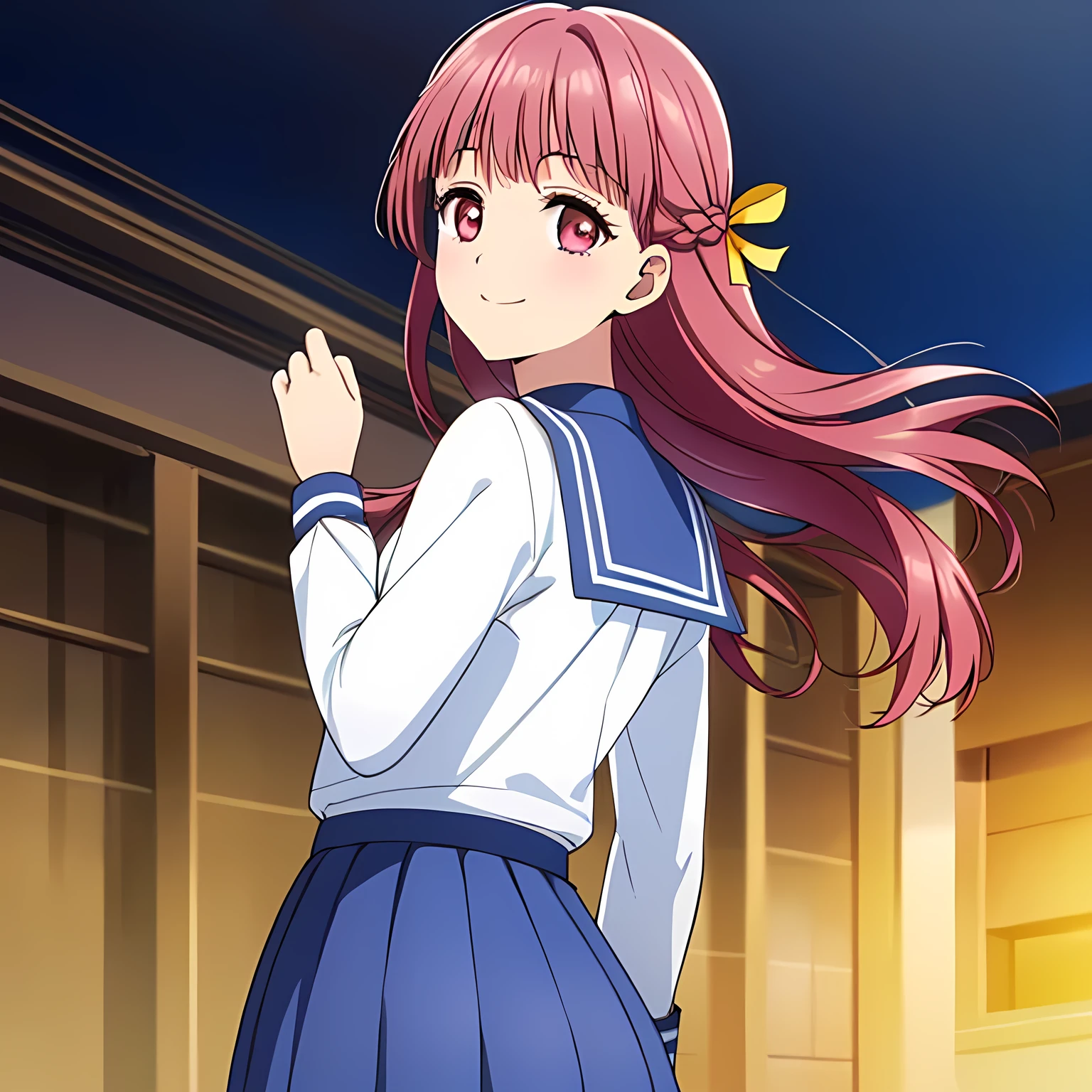 highest quality, (masterpiece:1.2), Very detailed, ((A very beautiful girl fashion model in uniform is smiling and looking at the camera)), ((16 years old)), (((Beautiful long, very shiny peach-colored hair))), She has a big yellow ribbon in her hair., ((Navy blue sailor suit)), ((Navy blue pleated long skirt)), ((((Very beautiful and shining deep pink eyes)))), ((Very long eyelashes)), A large crimson ribbon on the chest, ((An elegant expression like a noble princess)), (((A beautiful and enchanting smile))), Very good posture, ((Half Up)), ((Shooting from behind)), Wind