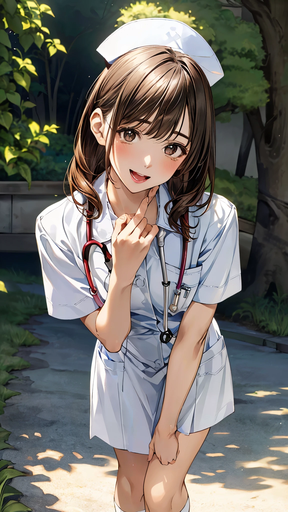 (masterpiece:1.3, top-quality, ultra high res, ultra detailed), (realistic, photorealistic:1.4), beautiful illustration, perfect lighting, natural lighting, colorful, depth of fields, surrealism,
beautiful detailed hair, beautiful detailed face, beautiful detailed eyes, beautiful clavicle, beautiful body, beautiful chest, beautiful thigh, beautiful legs, beautiful fingers, shiny skin,
looking at viewer, 1 girl, japanese, 19 years old, (perfect anatomy, anatomically correct, super detailed skin), cute and symmetrical face, babyface, perfect face, perfect eyes, perfect fingers,
(middle hair:1.2, updo hairstyle:1.2, long sidelocks, brown hair), asymmetrical bangs, grey eyes, long eyelashes, (medium breasts, seductive thighs), slender, outstanding style,
(detailed cloth texture, nurse uniform, nurse cap, nameplate, stethoscope, karte),
(beautiful scenery), (hospital, grassy), walking, (gentle, caring, lovely smile, open mouth small),