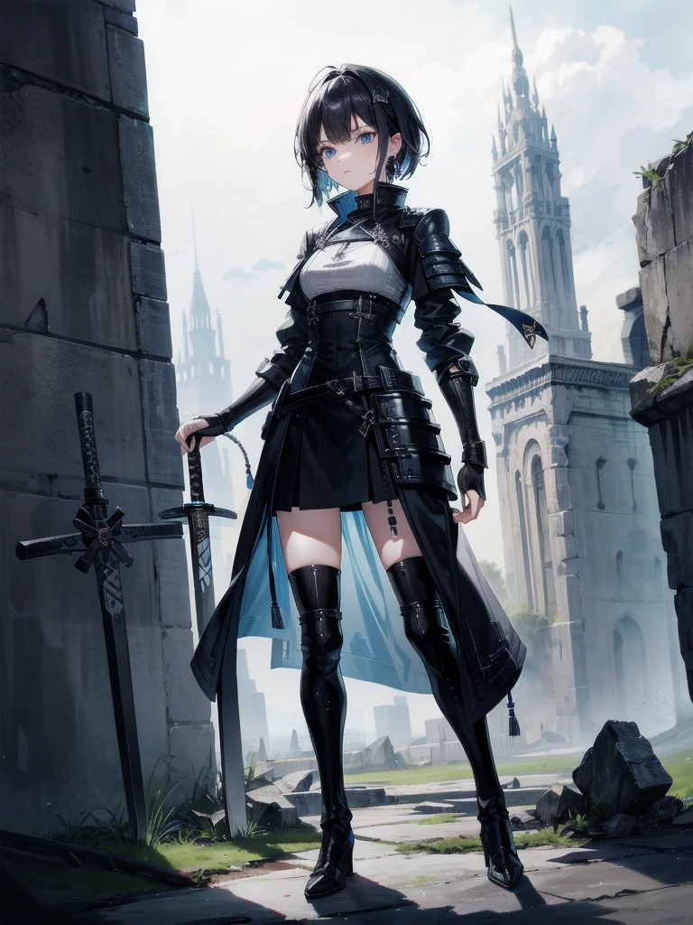long blue great sword, Ruins, tech boots, black jacket, samurai, absurdres, RAW photo, extremely delicate and beautiful, masterpiece, Best Quality, ultra high resolution, 32k, hyperrealistic, ultra-detailed, tearful mole, earring, short medium hair, wavy hair, whole body, 