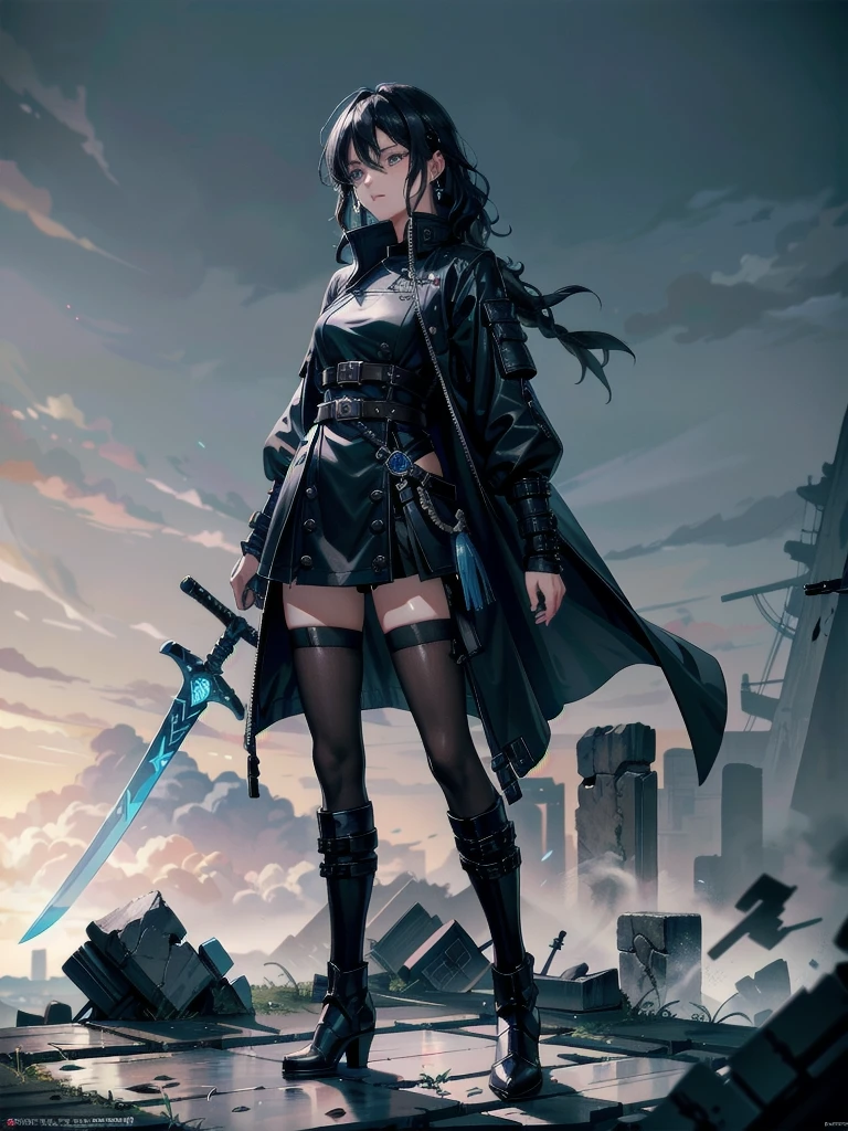 long blue great sword, Ruins, tech boots, black jacket, samurai, absurdres, RAW photo, extremely delicate and beautiful, masterpiece, Best Quality, ultra high resolution, 32k, hyperrealistic, ultra-detailed, tearful mole, earring, short medium hair, wavy hair, whole body,
