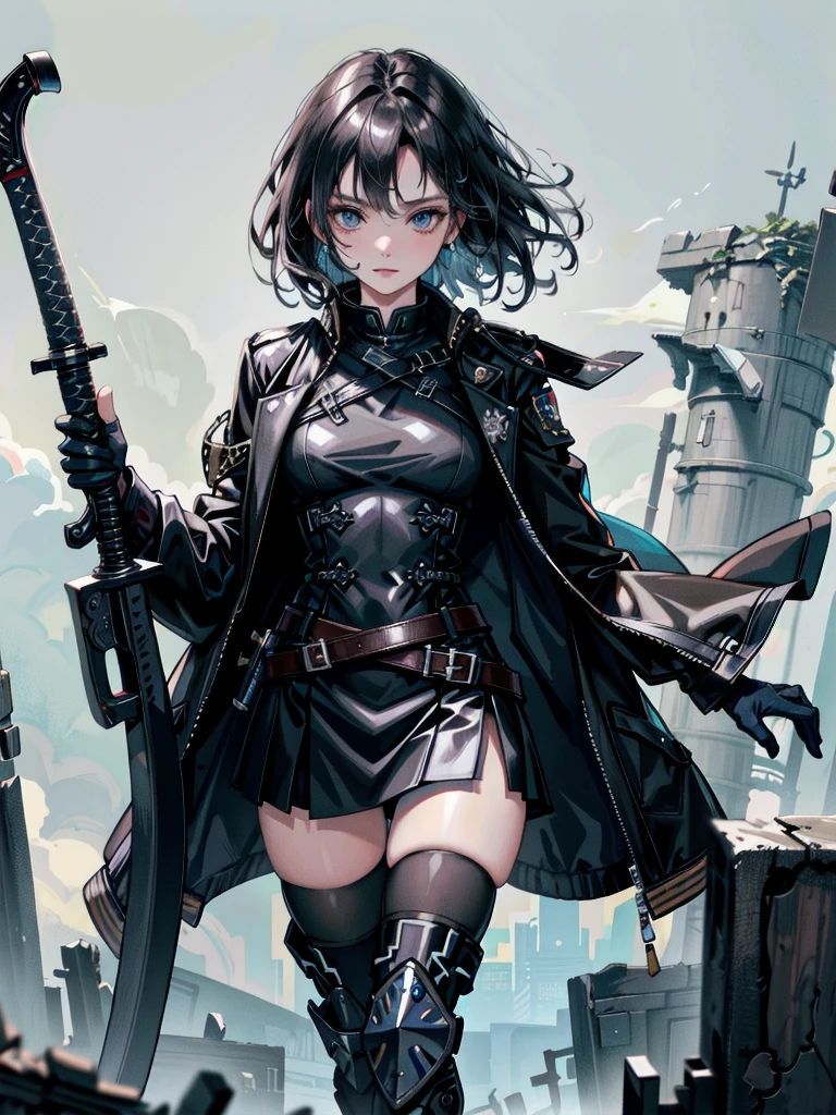 long blue great sword, Ruins, tech boots, black jacket, samurai, absurdres, RAW photo, extremely delicate and beautiful, masterpiece, Best Quality, ultra high resolution, 32k, hyperrealistic, ultra-detailed, tearful mole, earring, short medium hair, wavy hair, whole body, 