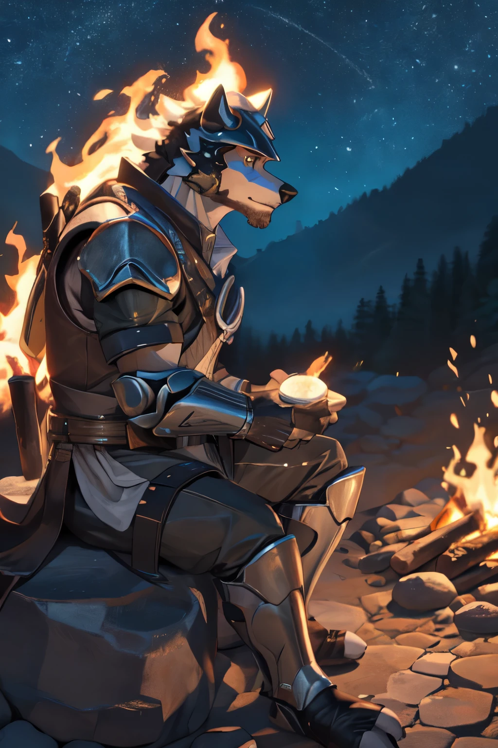 A man in armor sitting on a rock next to a fire