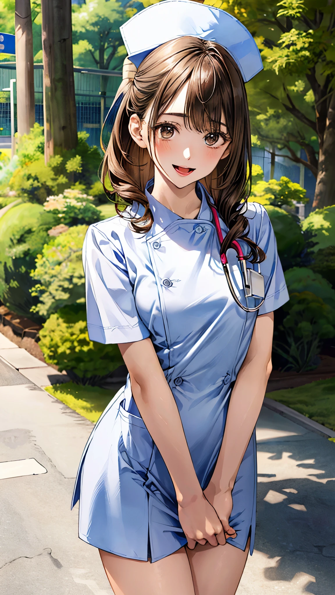 (masterpiece:1.3, top-quality, ultra high res, ultra detailed), (realistic, photorealistic:1.4), beautiful illustration, perfect lighting, natural lighting, colorful, depth of fields, surrealism,
beautiful detailed hair, beautiful detailed face, beautiful detailed eyes, beautiful clavicle, beautiful body, beautiful chest, beautiful thigh, beautiful legs, beautiful fingers, shiny skin,
looking at viewer, 1 girl, japanese, 19 years old, (perfect anatomy, anatomically correct, super detailed skin), cute and symmetrical face, face, perfect face, perfect eyes, perfect fingers,
(middle hair:1.2, updo hairstyle:1.2, long sidelocks, brown hair), asymmetrical bangs, grey eyes, big eyes, long eyelashes, (medium breasts, seductive thighs), slender, outstanding style,
(detailed cloth texture, nurse uniform, nurse cap, nameplate, stethoscope, karte),
(beautiful scenery), (hospital, grassy), walking, (gentle, caring, lovely smile, open mouth small),