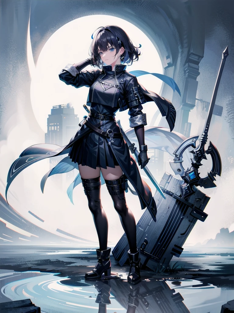 long blue great sword, Ruins, tech boots, black jacket, samurai, absurdres, RAW photo, extremely delicate and beautiful, masterpiece, Best Quality, ultra high resolution, 32k, hyperrealistic, ultra-detailed, tearful mole, earring, short medium hair, wavy hair, whole body,
